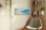 Ride the Sunset Waves beach canvas print, displayed in a living room