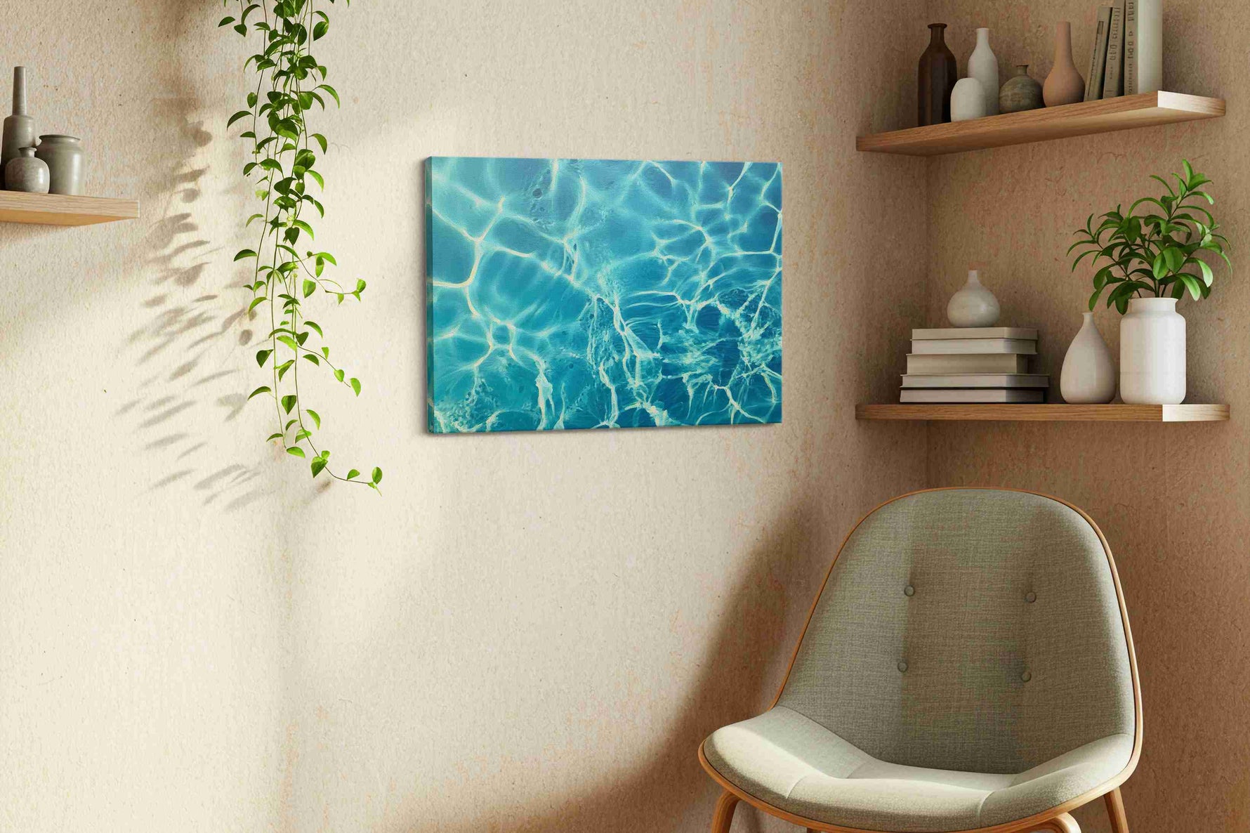 Ripples of Azure Dreams ocean canvas print styled in a living room