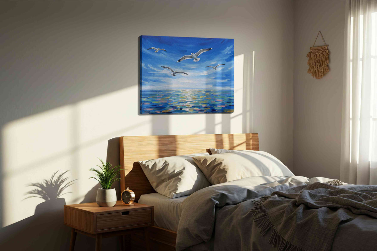 Seabirds in Flight Symphony ocean canvas print, displayed in a bedroom