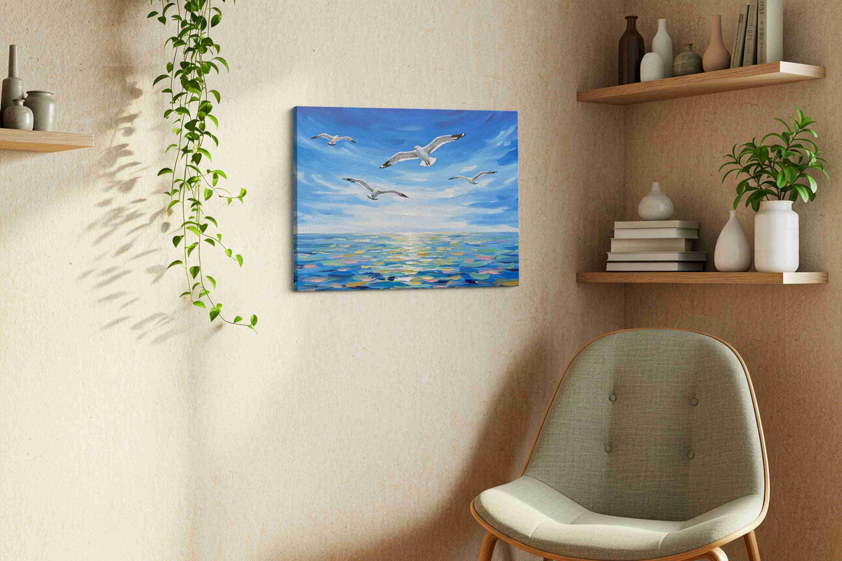 Seabirds in Flight Symphony ocean canvas print, hanging on wall — view 3