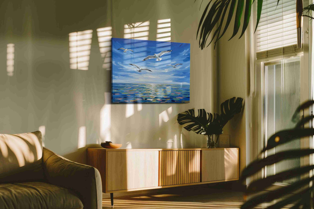 Seabirds in Flight Symphony ocean canvas print in a hung canvas mockup