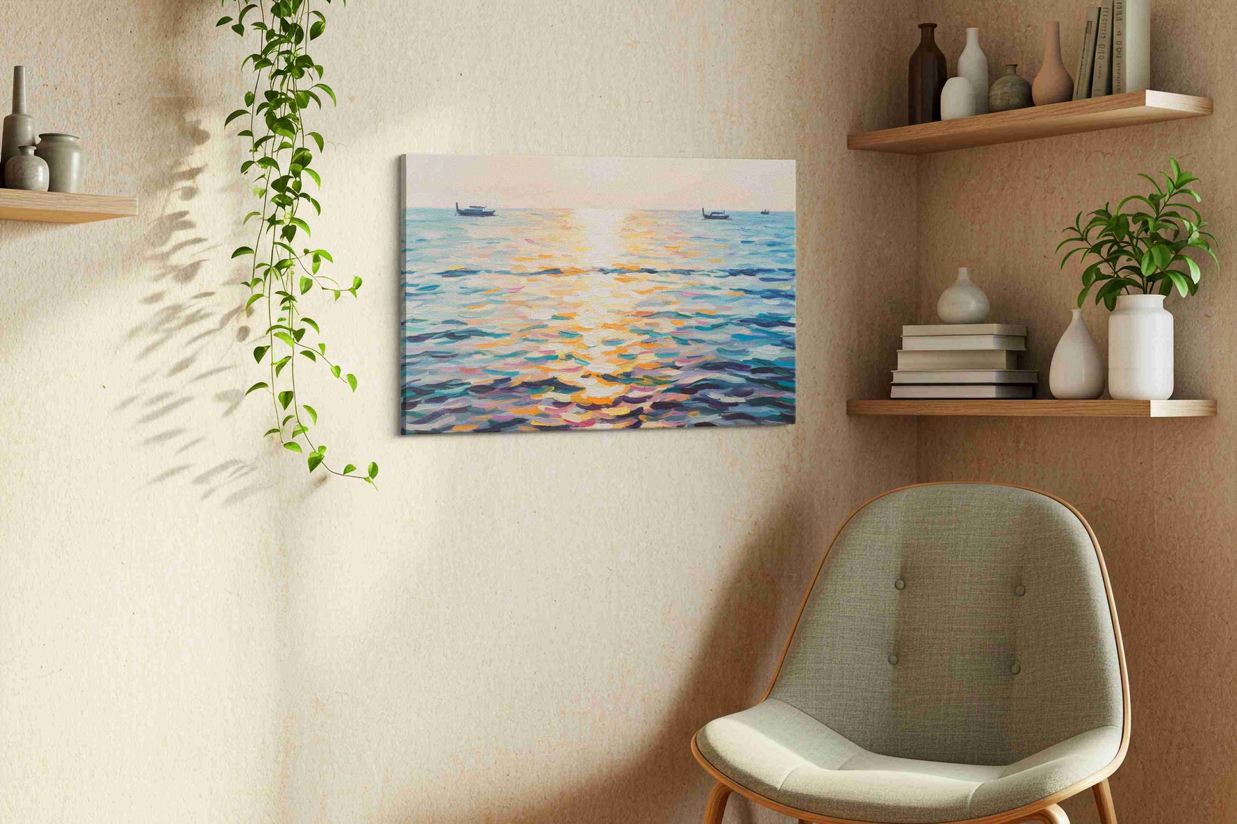 Serenade of Sunlit Waves beach canvas print, displayed in a living room