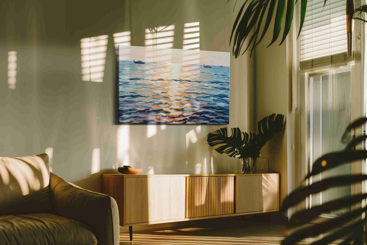 Serenade of Sunlit Waves beach canvas print, on wall, lifestyle preview