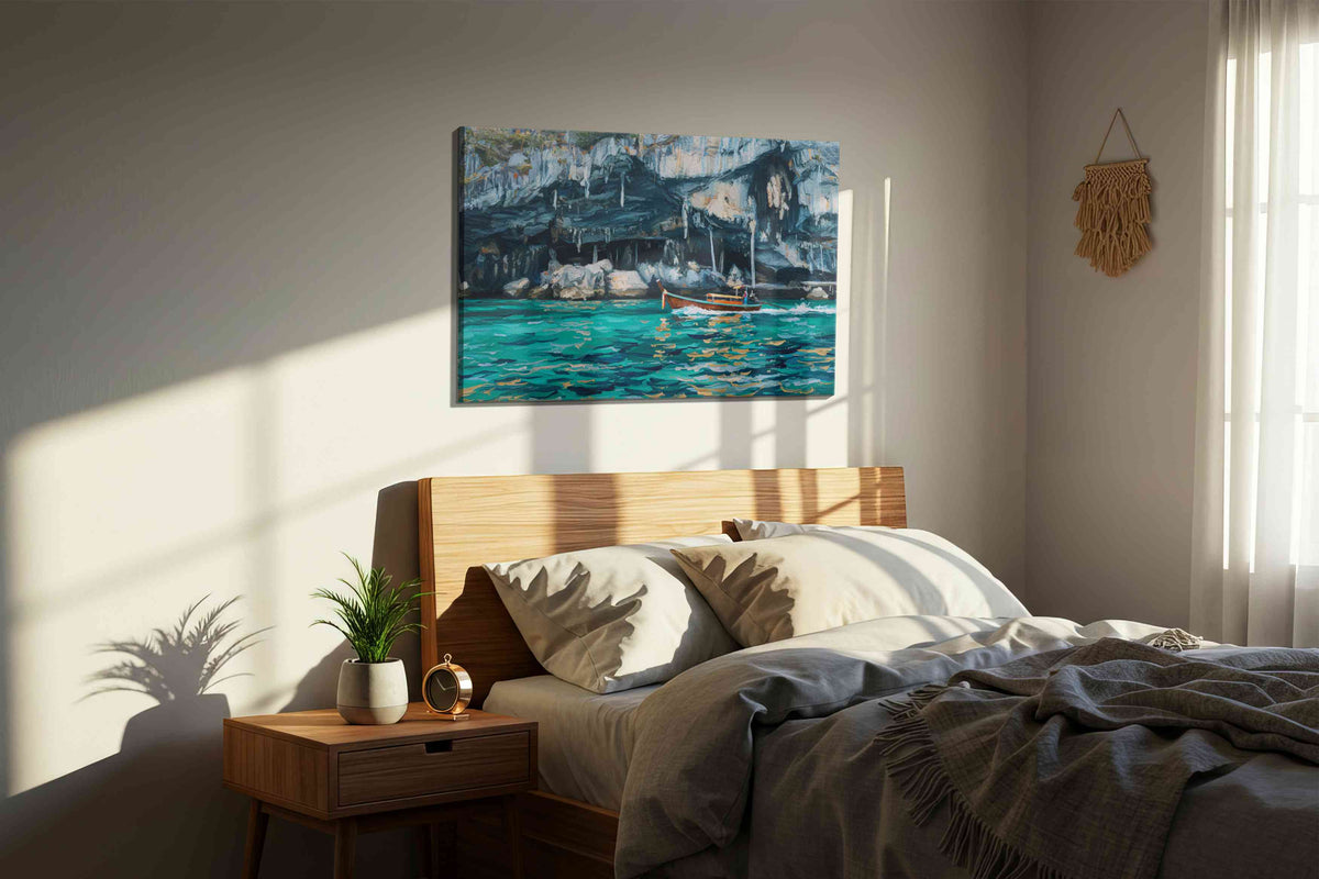 Serenity Beneath Cliffs beach canvas print, displayed in a bedroom