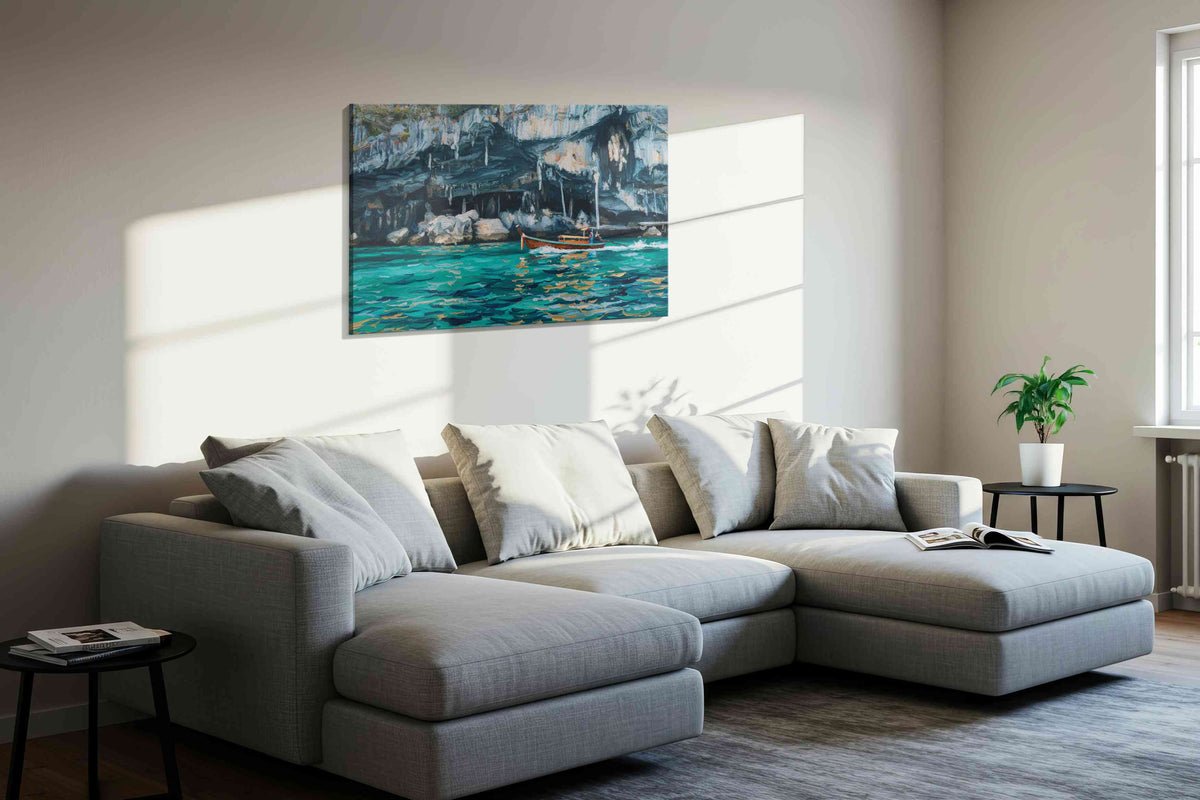 Serenity Beneath Cliffs beach canvas print, displayed in a living room