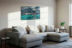 Serenity Beneath Cliffs beach canvas print, displayed in a living room