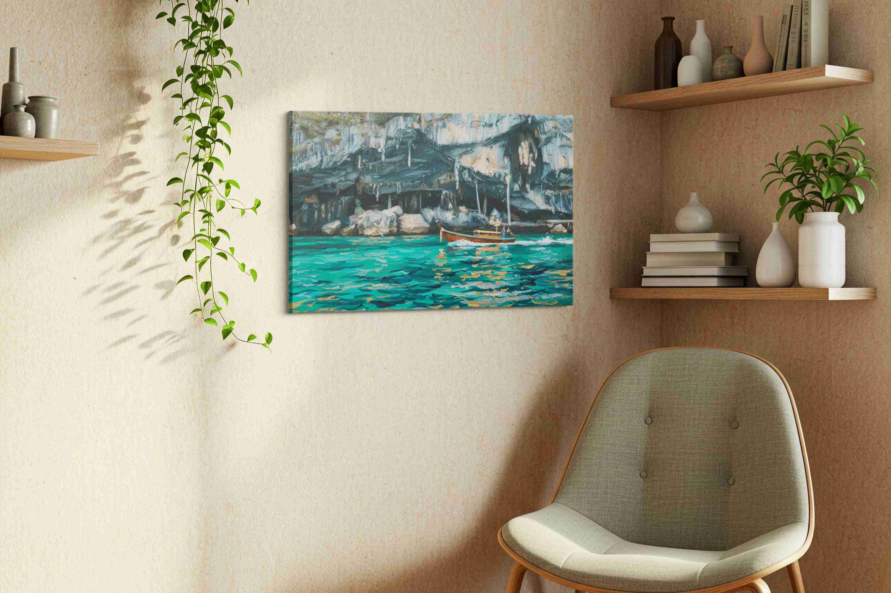 Serenity Beneath Cliffs beach canvas print styled in a living room