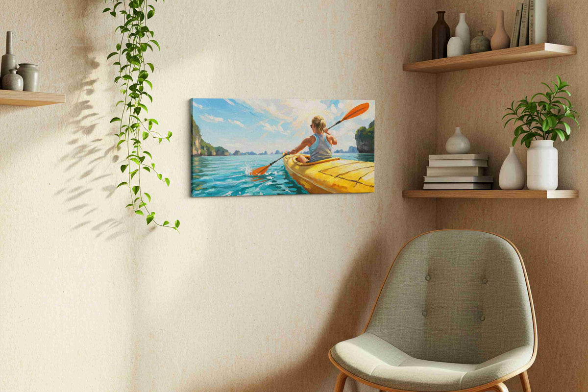 Sunlit Kayak Odyssey sports canvas print, displayed in a living room