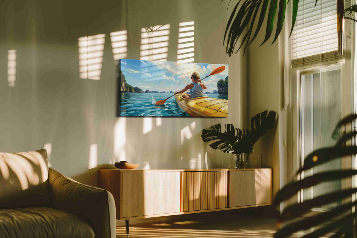 Sunlit Kayak Odyssey sports canvas print, on wall, lifestyle preview