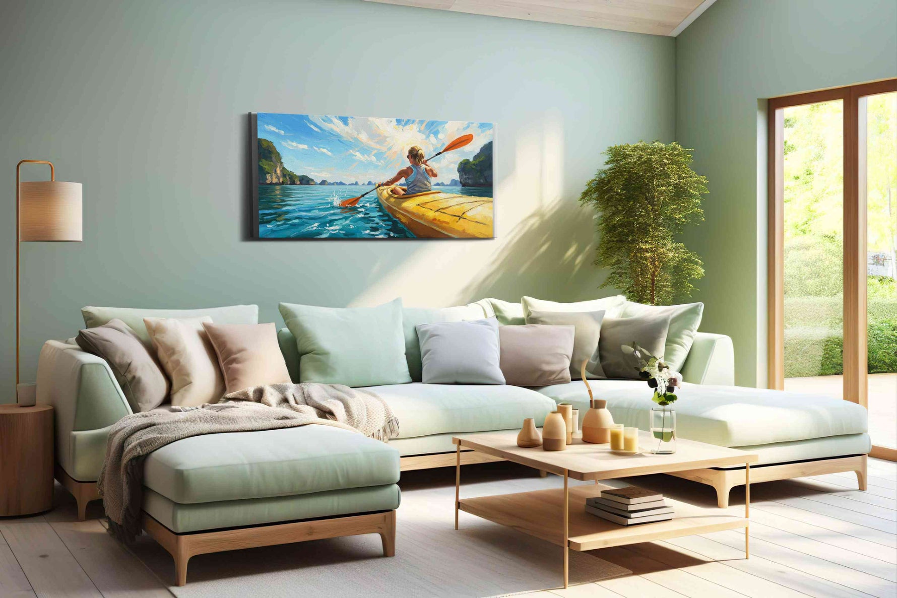 Sunlit Kayak Odyssey sports canvas print, hanging on wall