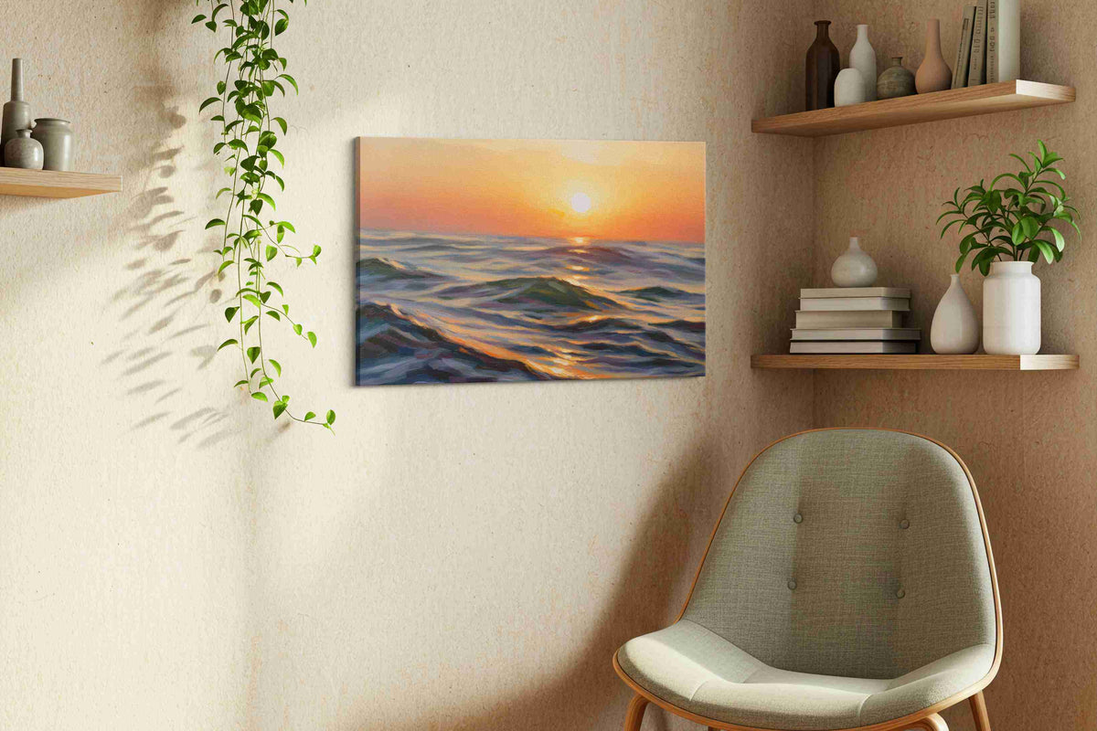 Sunset Symphony on Waves beach canvas print styled in a living room