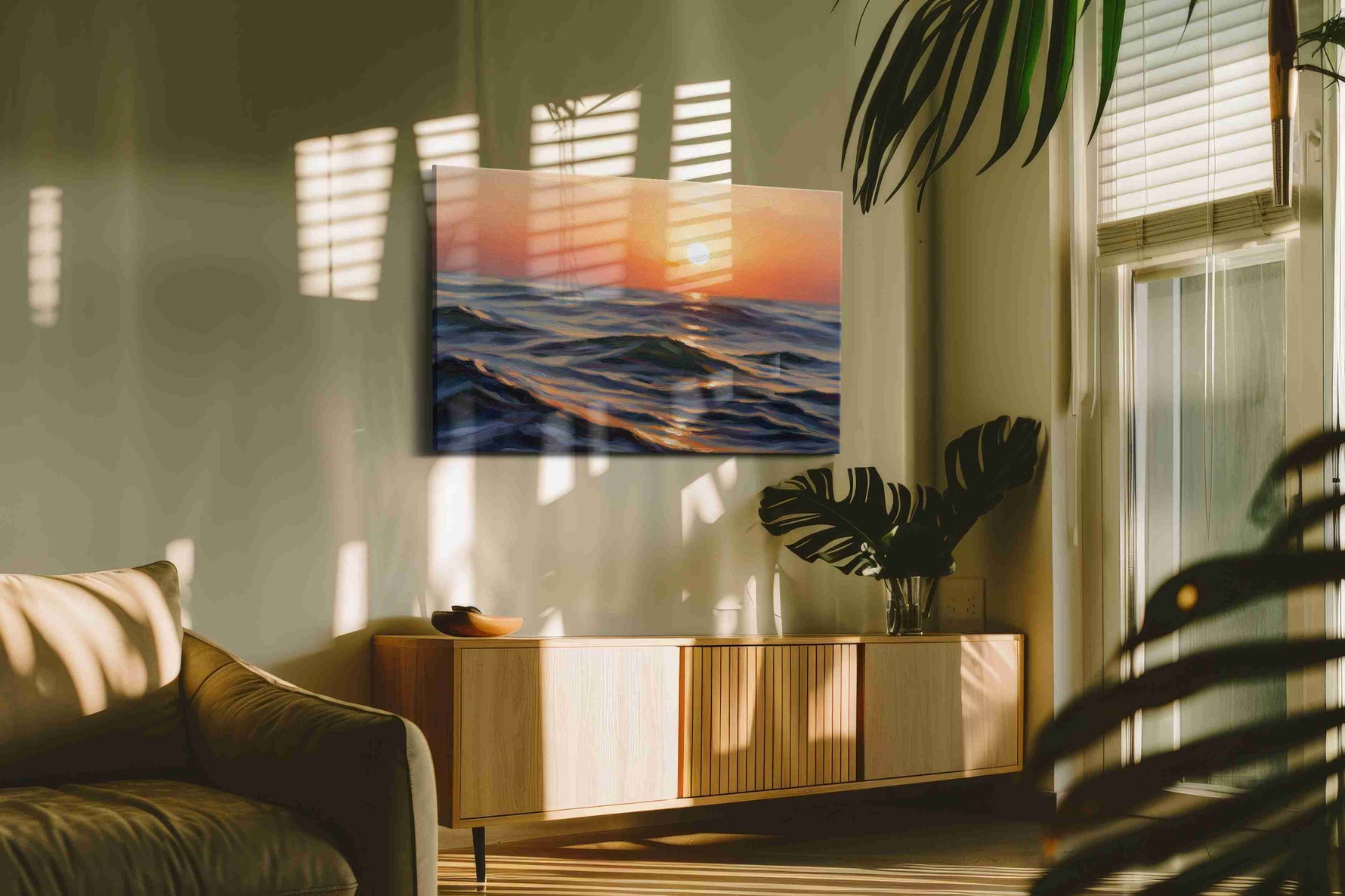 Sunset Symphony on Waves beach canvas print in a hung canvas mockup