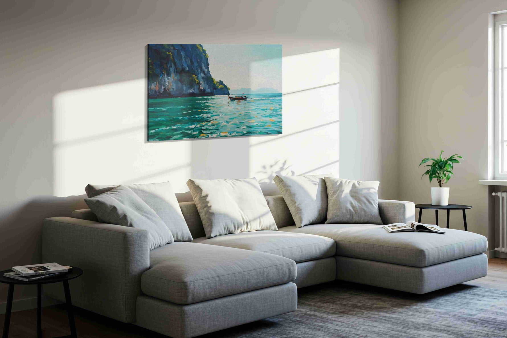 Tranquil Waterscape Serenity beach canvas print, displayed in a living room