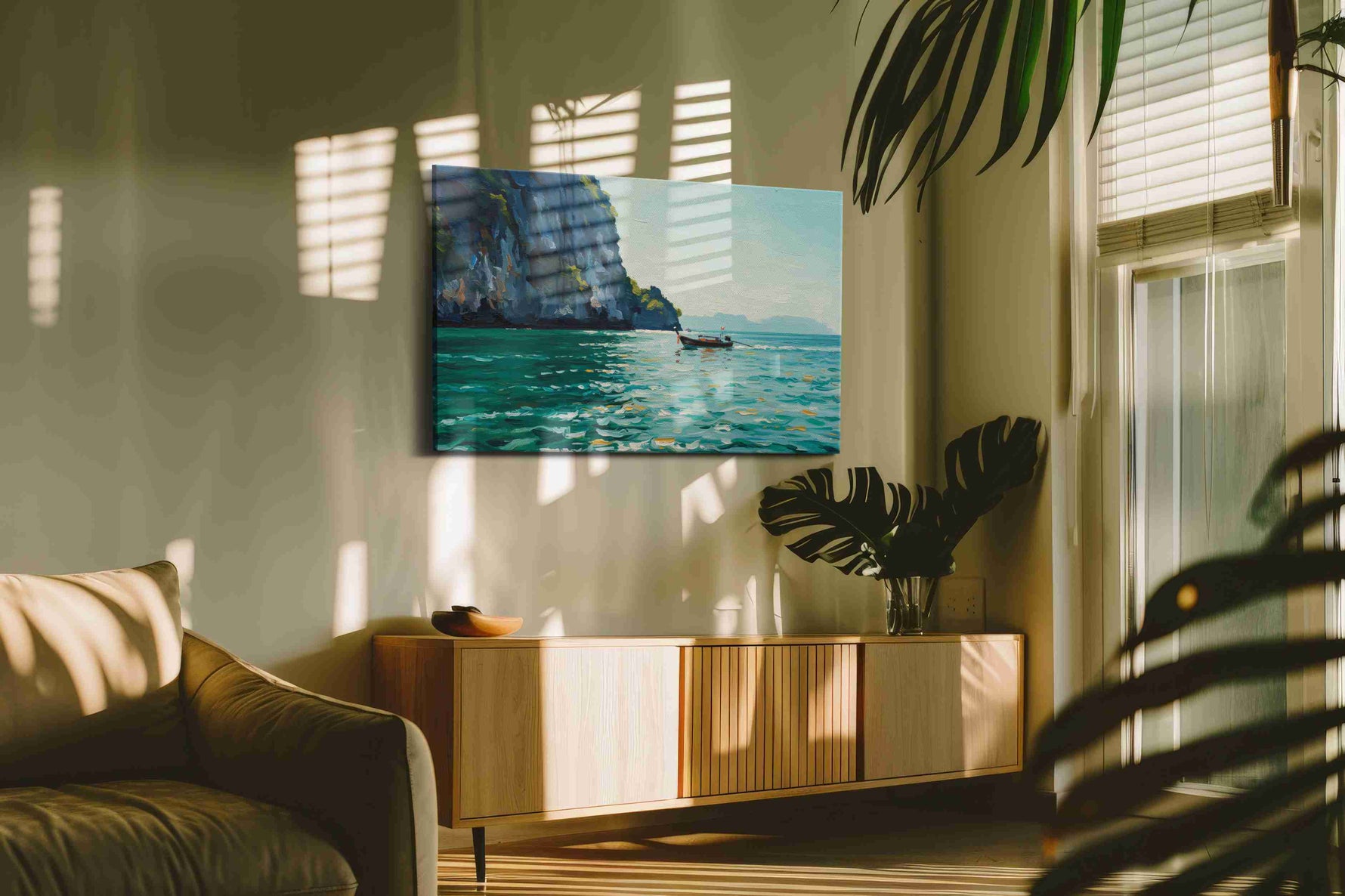Tranquil Waterscape Serenity beach canvas print in a hung canvas mockup