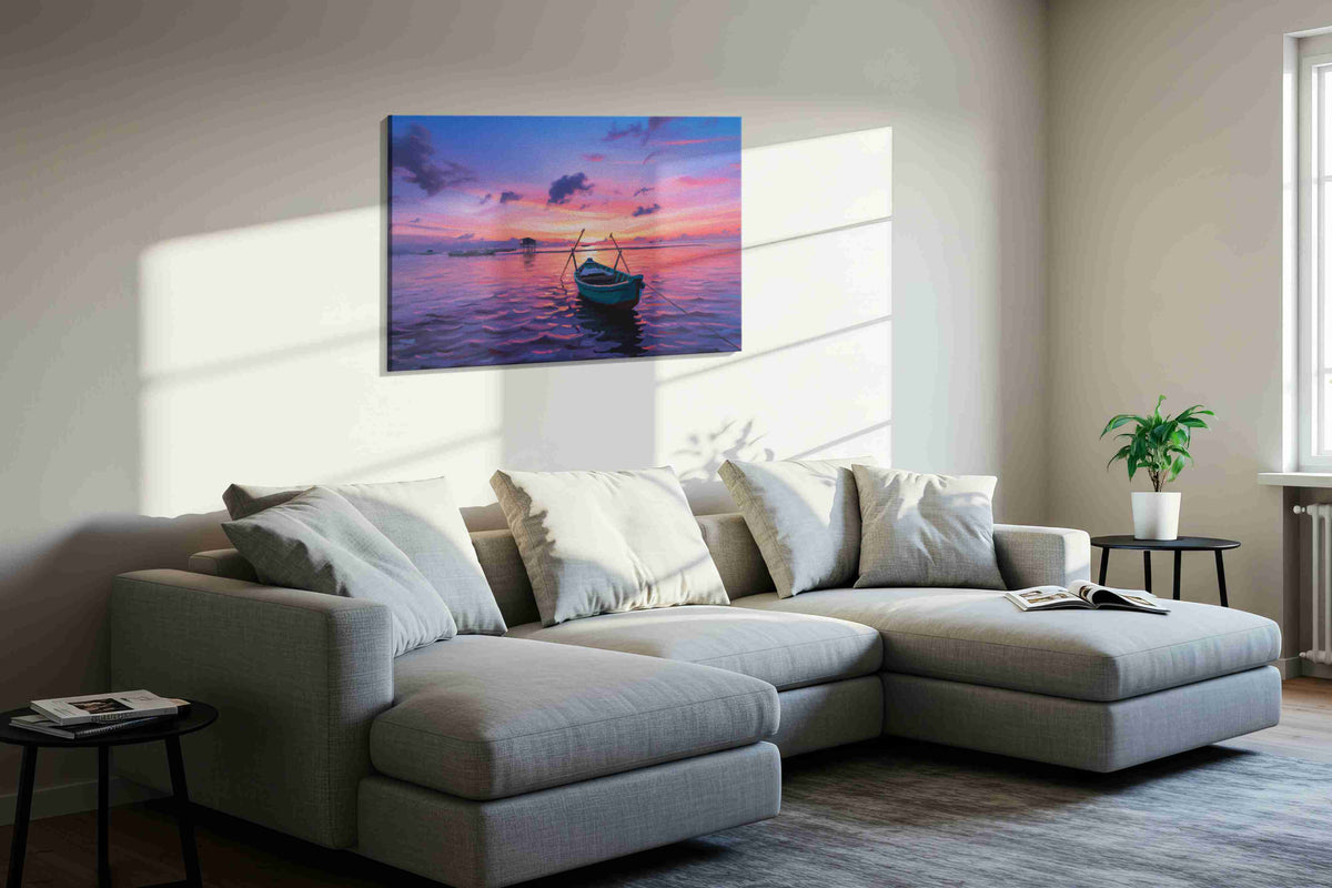 Twilight Serenity beach canvas print, displayed in a living room
