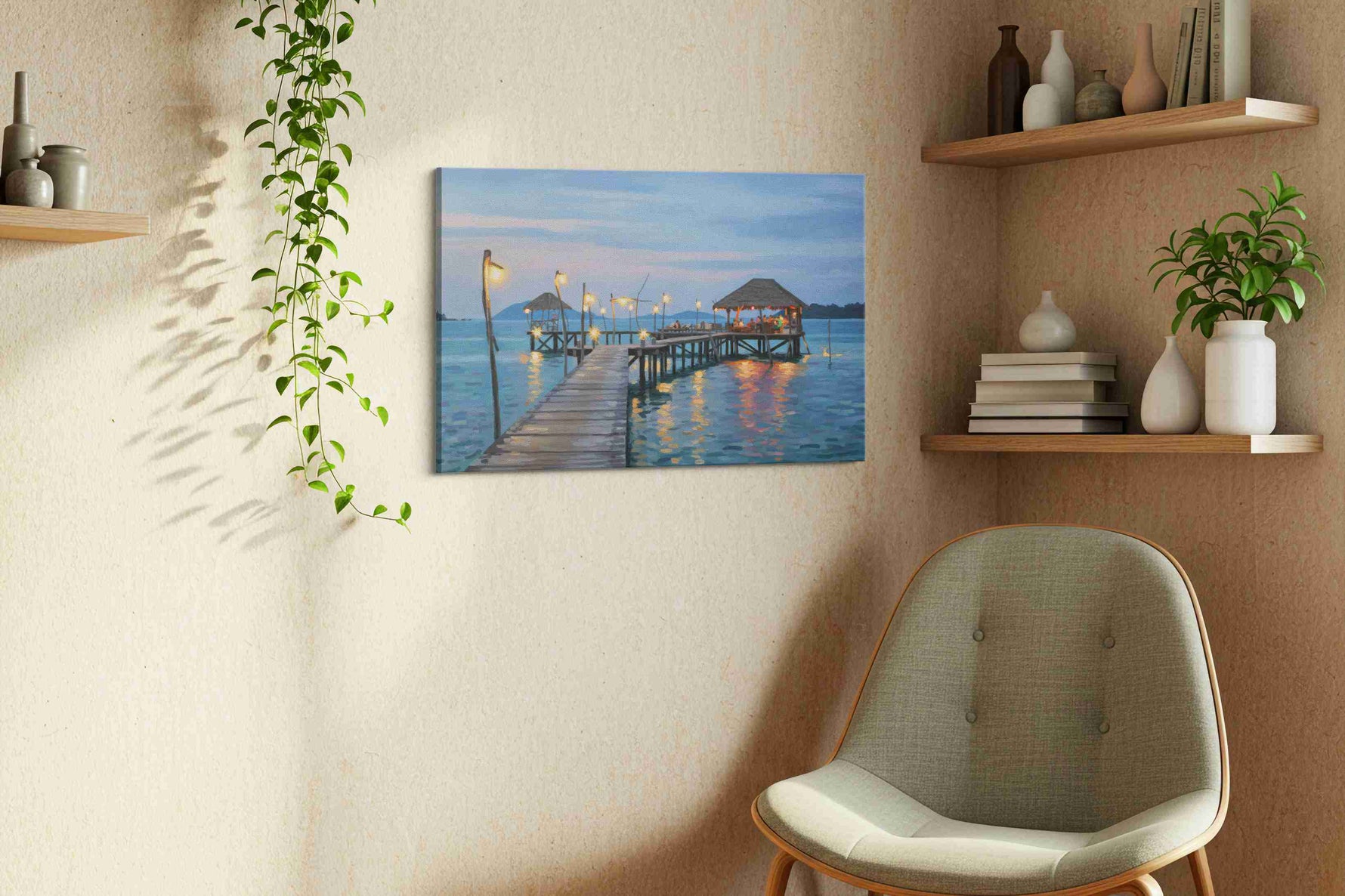 Twilight Serenity on the Pier beach canvas print, hanging on wall — view 2