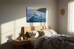 Whispering Waves of Dawn ocean canvas print, displayed in a bedroom
