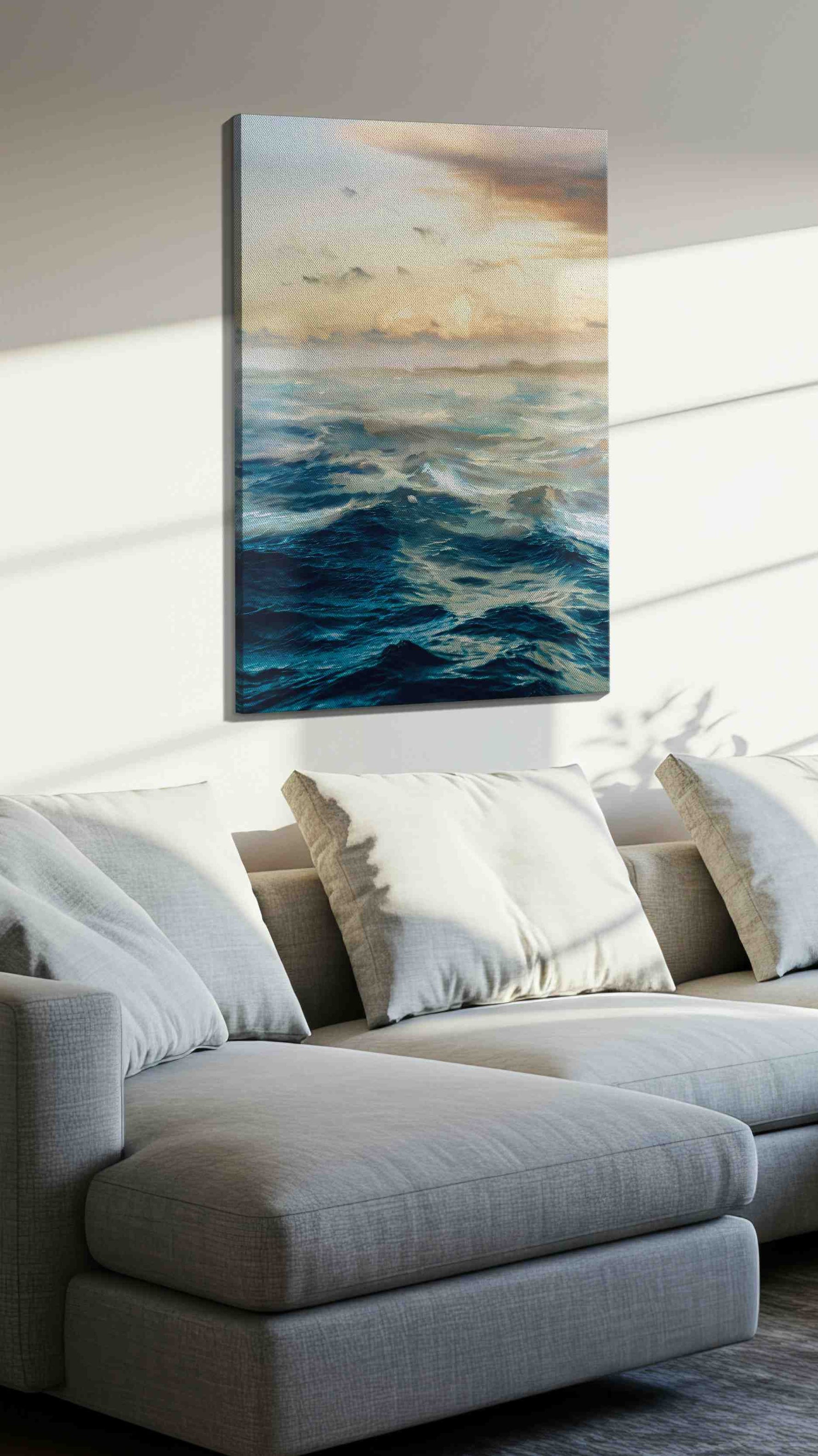 Whispers of the Ocean Dawn ocean canvas print, displayed in a living room