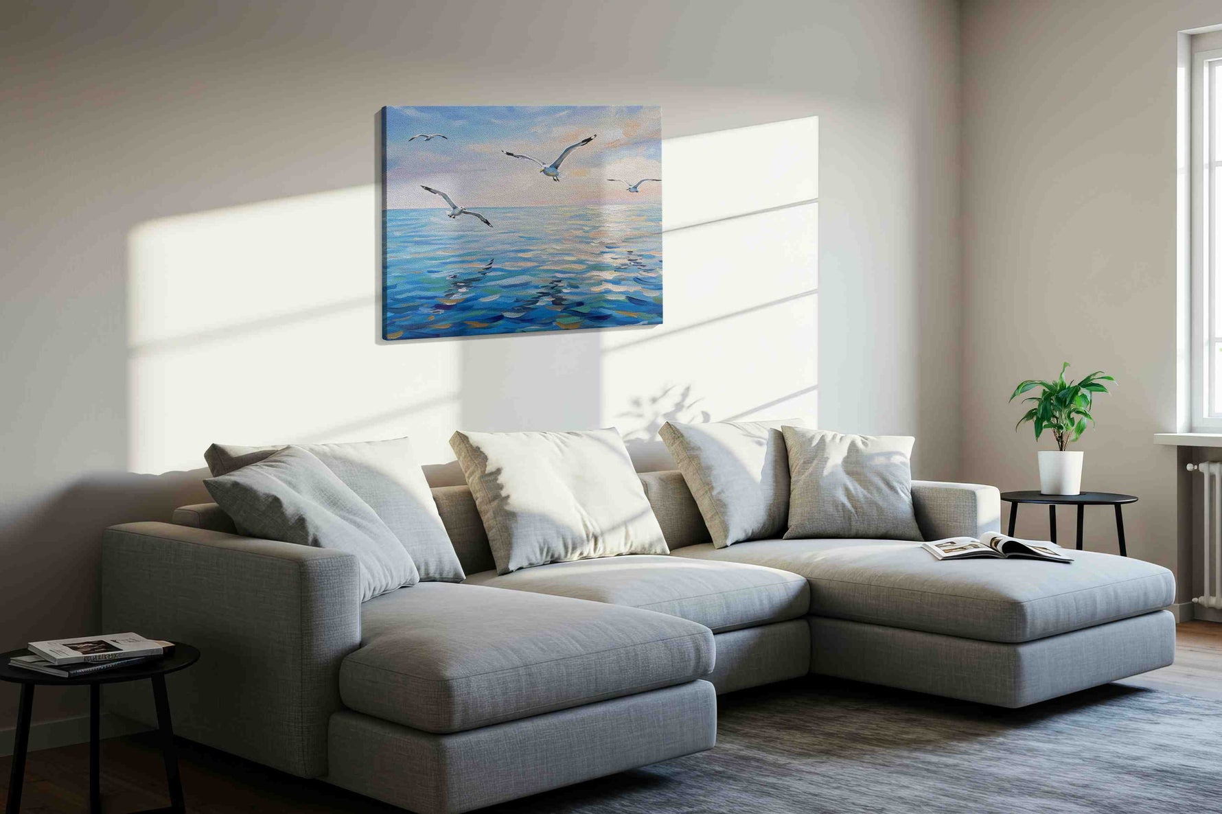 Whispers of the Sea Breeze ocean canvas print styled in a living room