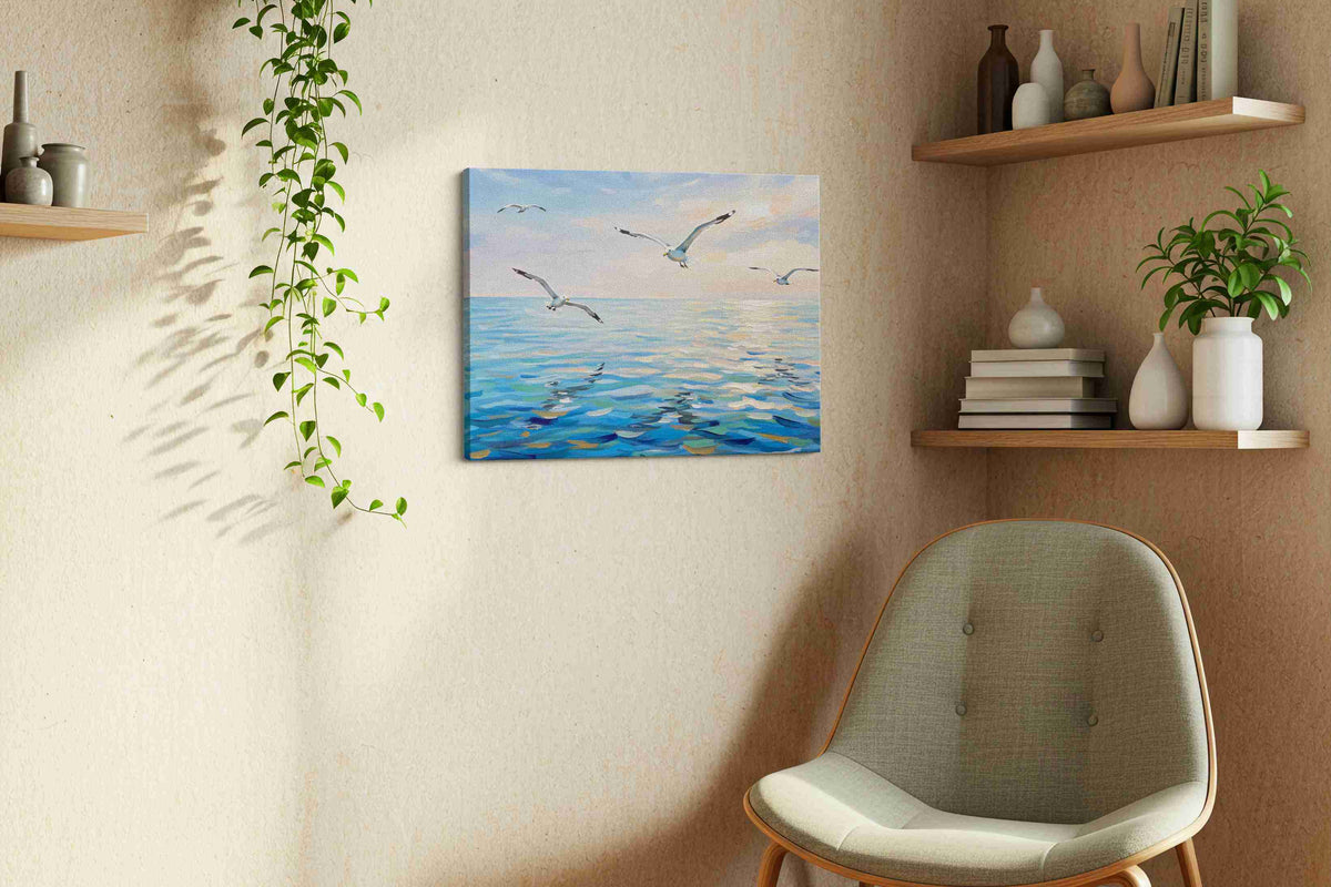 Whispers of the Sea Breeze ocean canvas print, displayed in a living room
