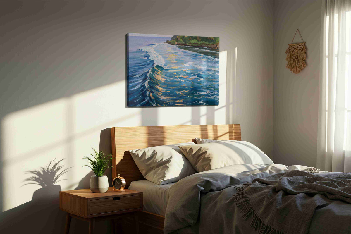 Whispers of the Tides ocean canvas print, displayed in a bedroom