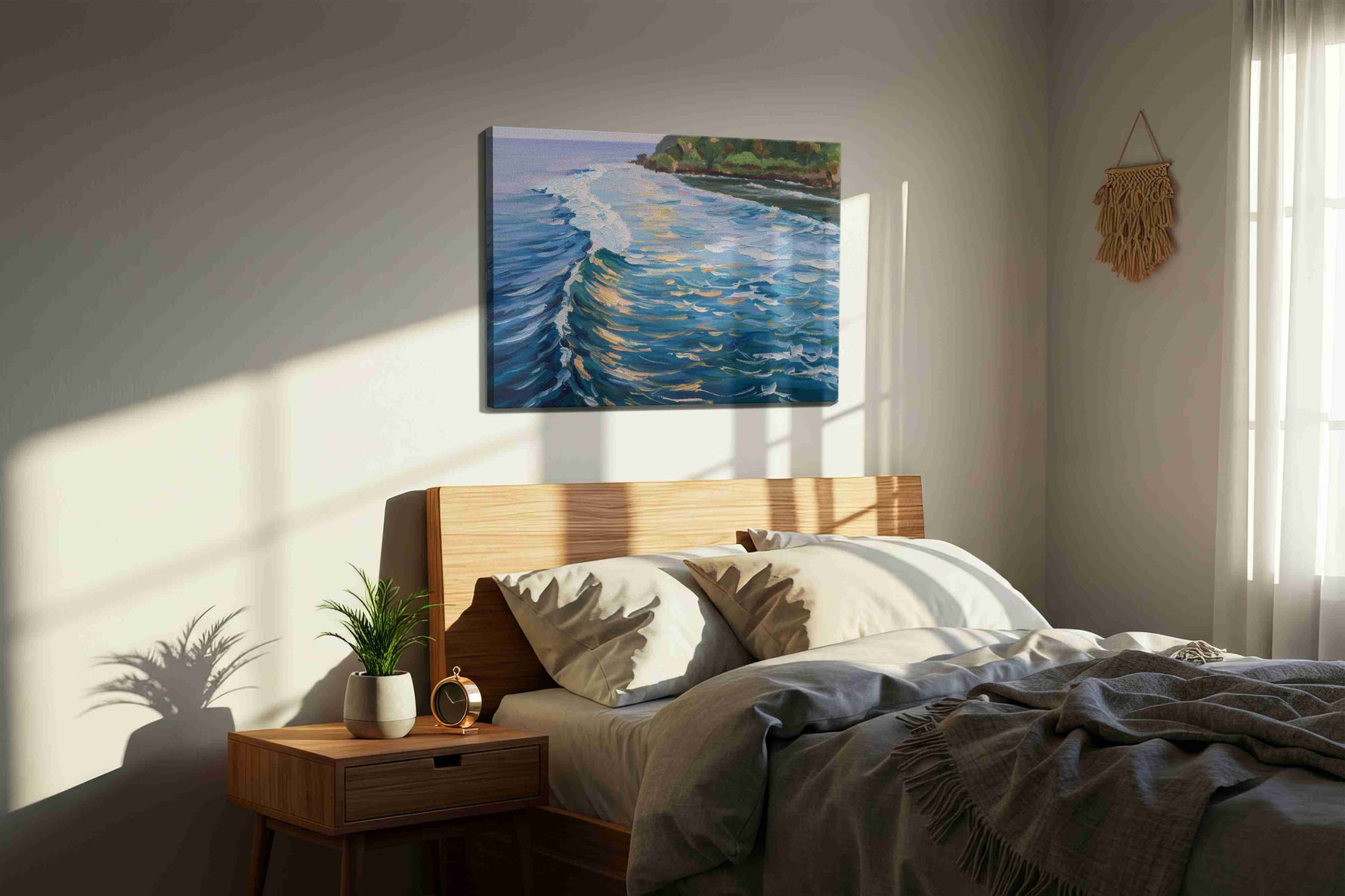 Whispers of the Tides ocean canvas print, displayed in a bedroom