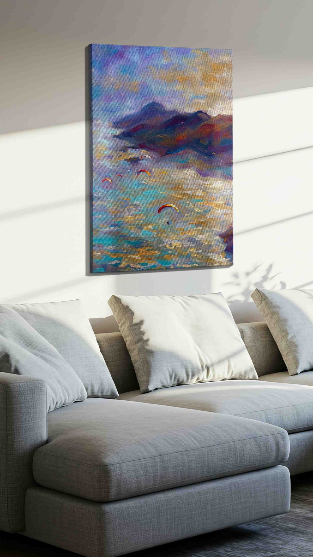 Wings Over Waves landscape canvas print, displayed in a living room