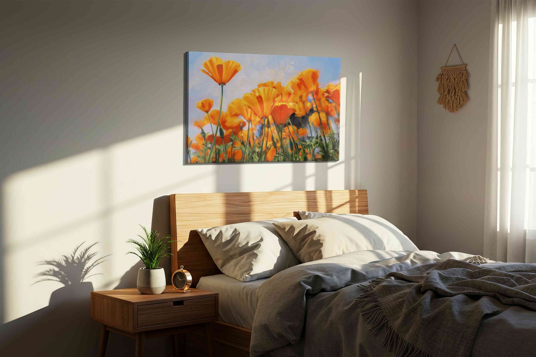 Golden Field Symphony poppies canvas print, displayed in a bedroom