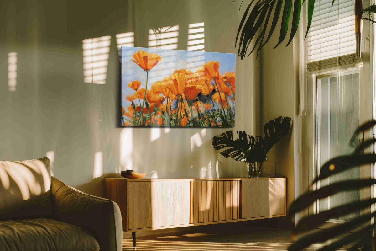 Golden Field Symphony poppies canvas print, on wall, lifestyle preview