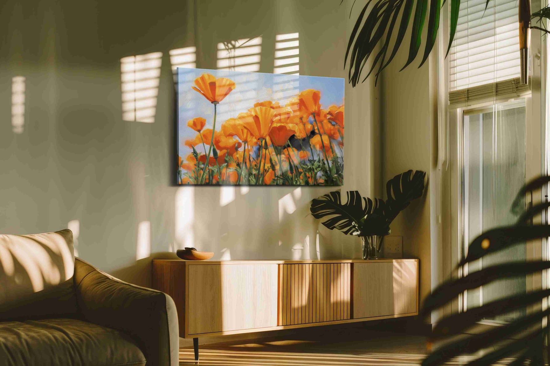 Golden Field Symphony poppies canvas print, on wall, lifestyle preview