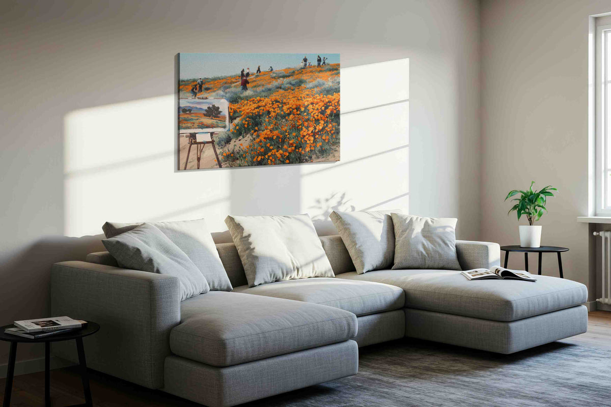 Poppies in Motion poppies canvas print, displayed in a living room