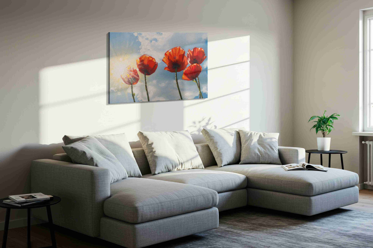 Poppies in Radiant Sky poppies canvas print, displayed in a living room