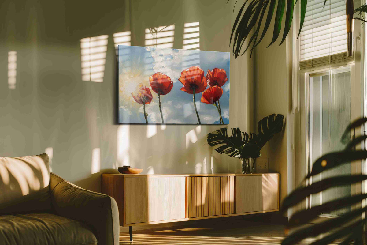 Poppies in Radiant Sky poppies canvas print in a contemporary interior mockup