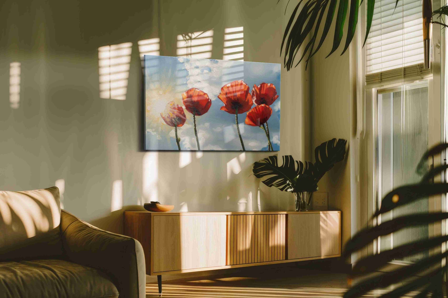 Poppies in Radiant Sky poppies canvas print in a contemporary interior mockup
