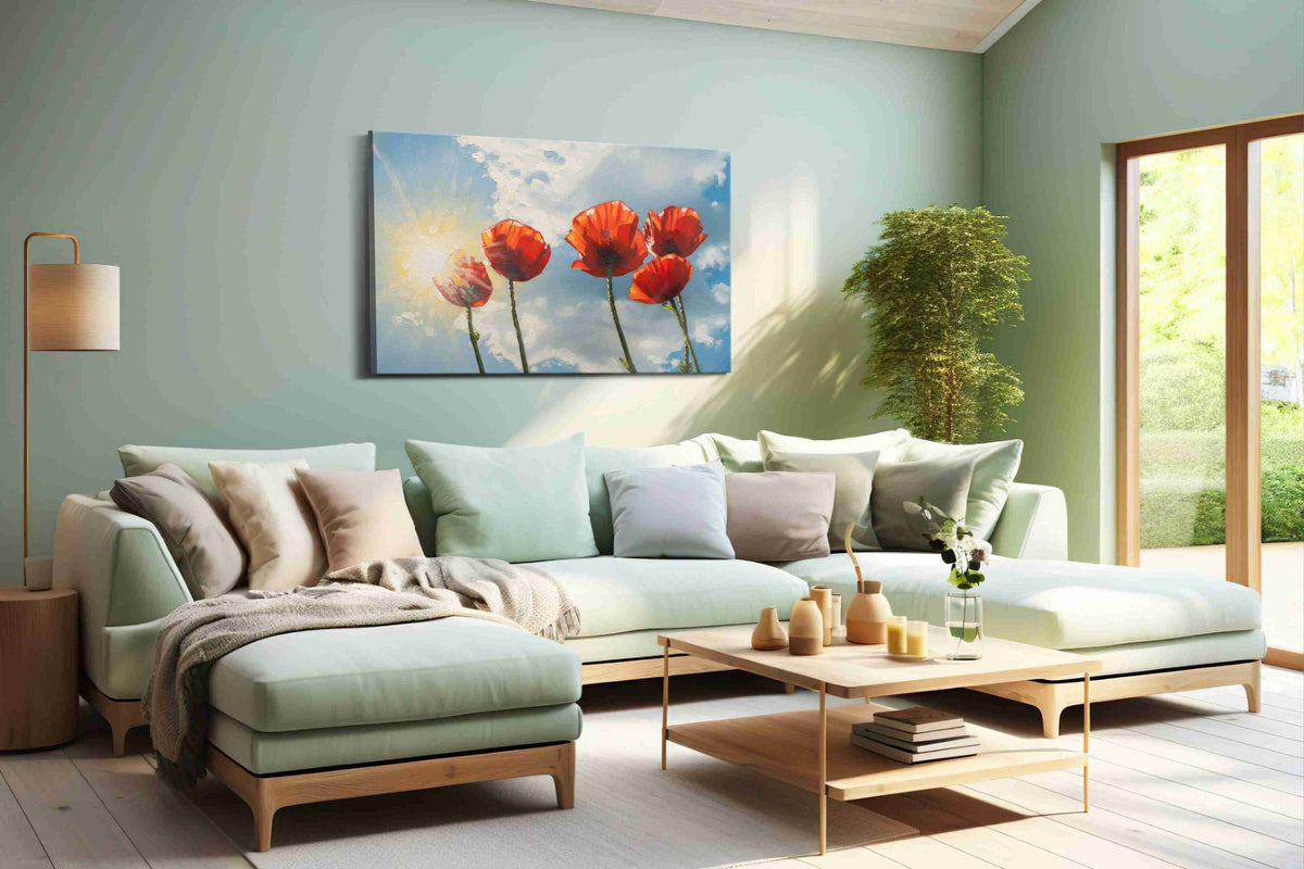 Poppies in Radiant Sky poppies canvas print, hanging on wall