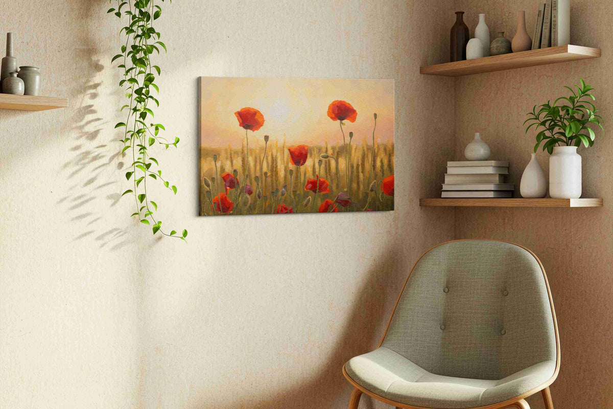 Sunlit Poppies Symphony poppies canvas print styled in a living room