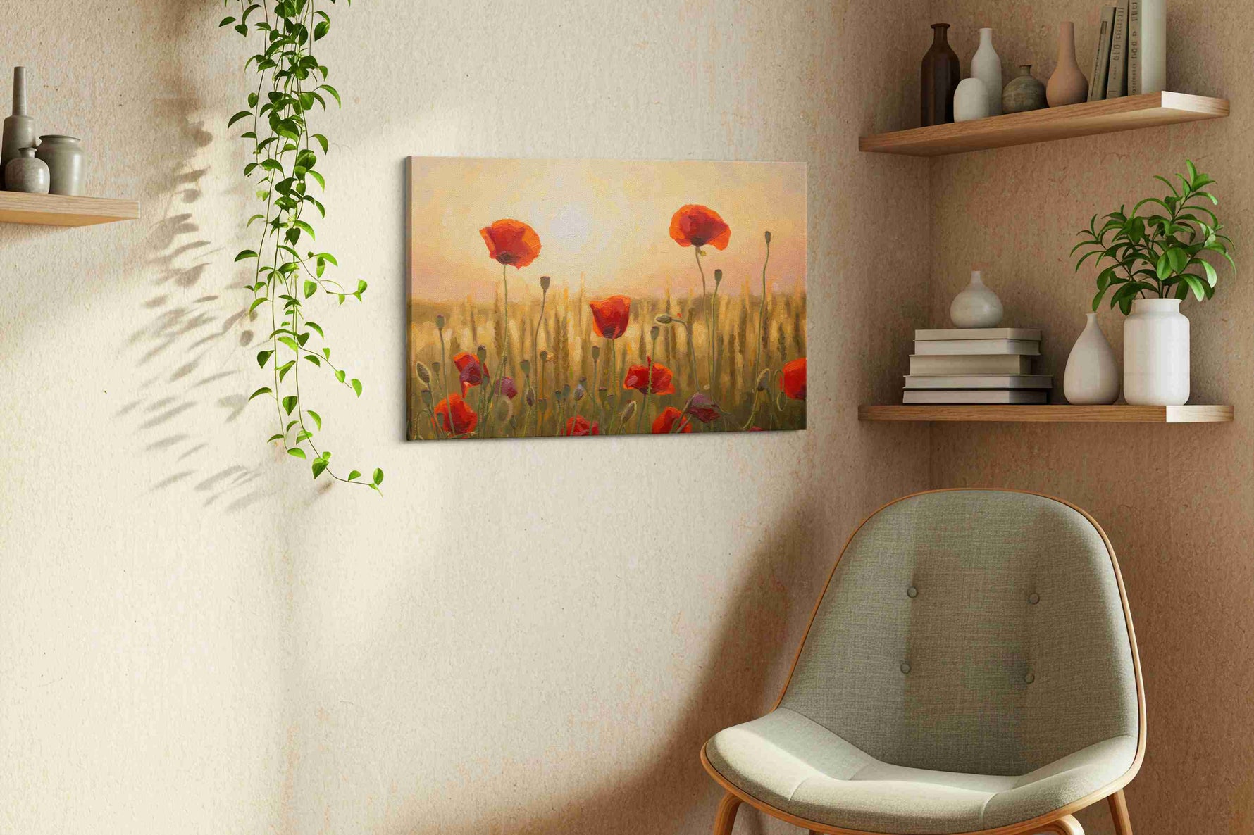 Sunlit Poppies Symphony poppies canvas print styled in a living room