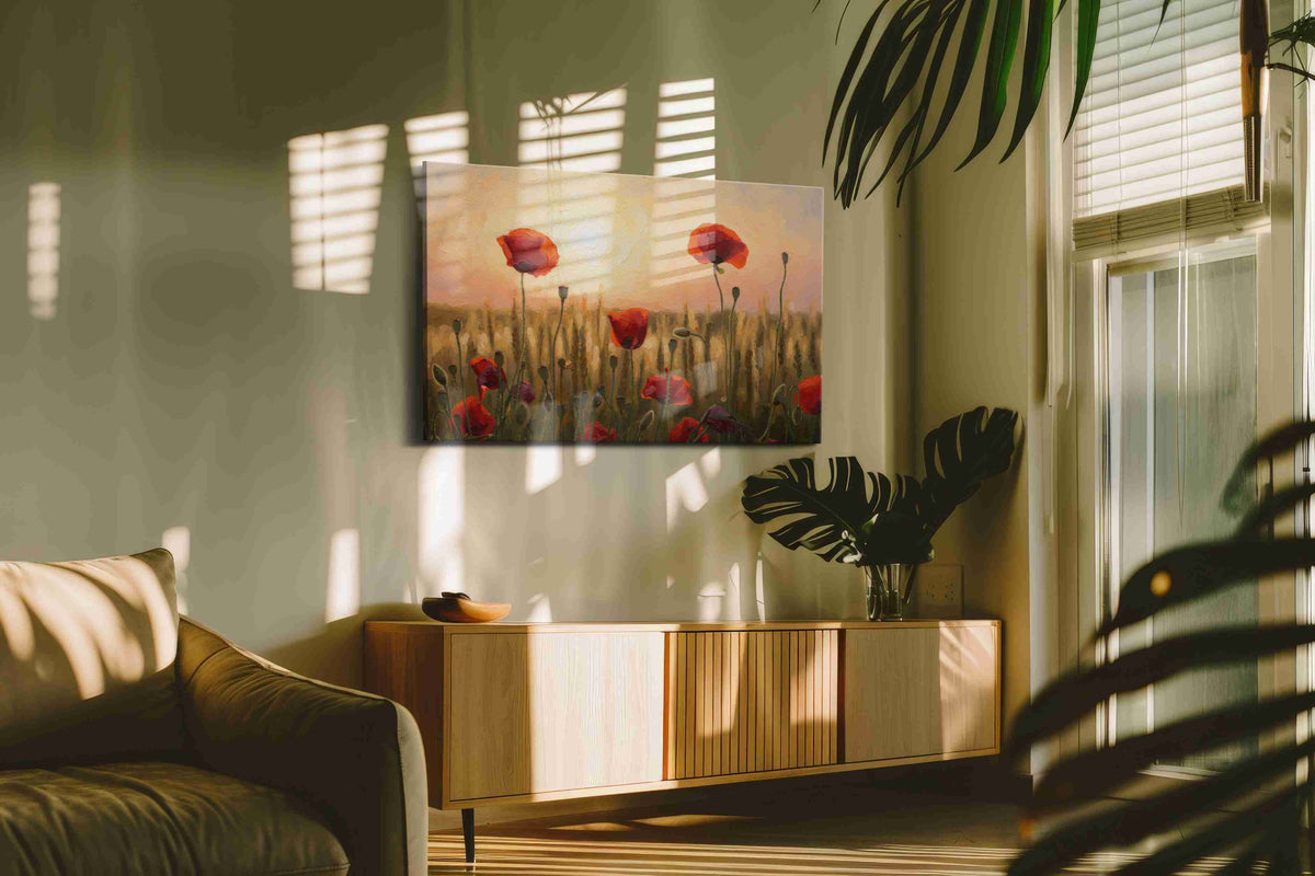 Sunlit Poppies Symphony poppies canvas print in a hung canvas mockup