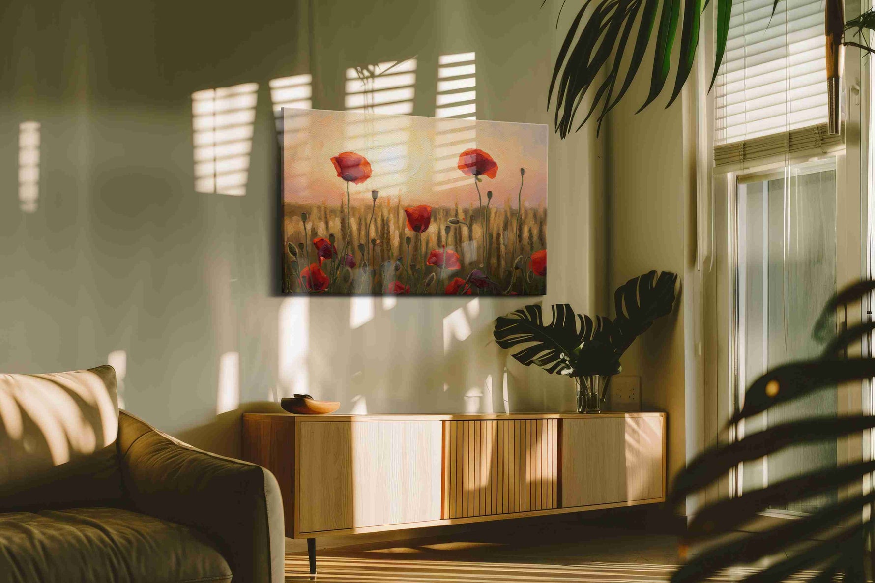 Sunlit Poppies Symphony poppies canvas print in a hung canvas mockup