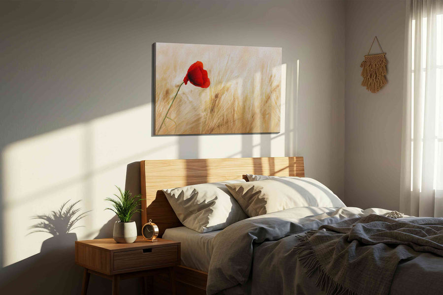 Whisper of the Scarlet Bloom poppies canvas print, displayed in a bedroom