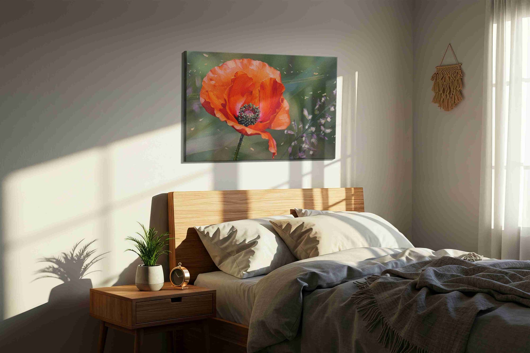 Whisper of the Scarlet Bloom II poppies canvas print, displayed in a bedroom