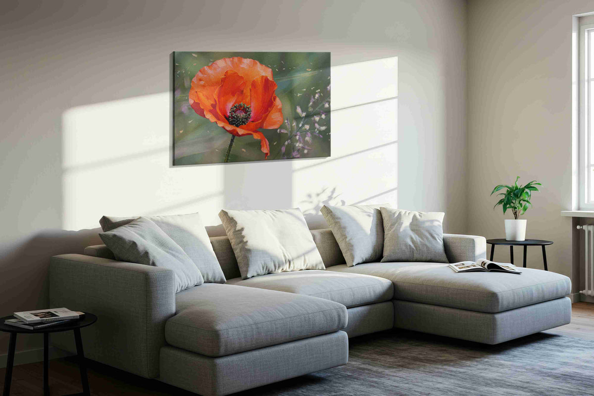 Whisper of the Scarlet Bloom II poppies canvas print, displayed in a living room