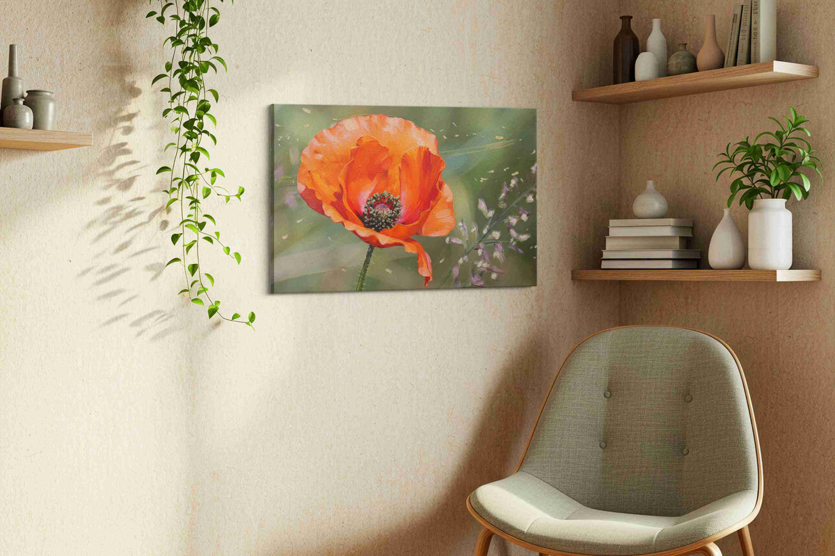 Whisper of the Scarlet Bloom II poppies canvas print, hanging on wall