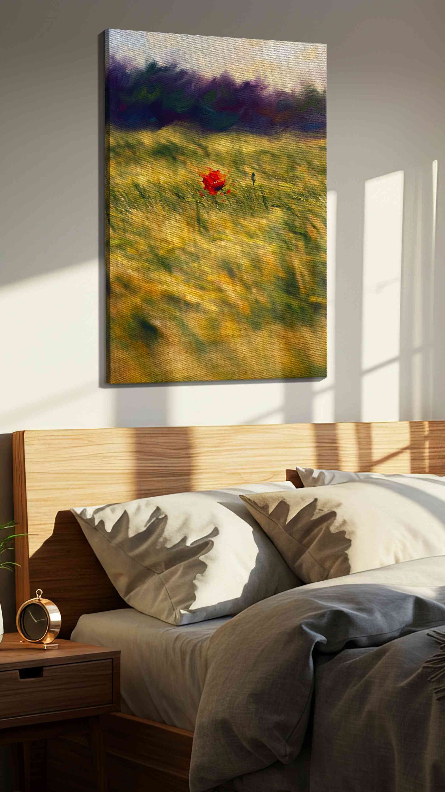 Whispering Meadow Dreams landscape canvas print, displayed in a bedroom