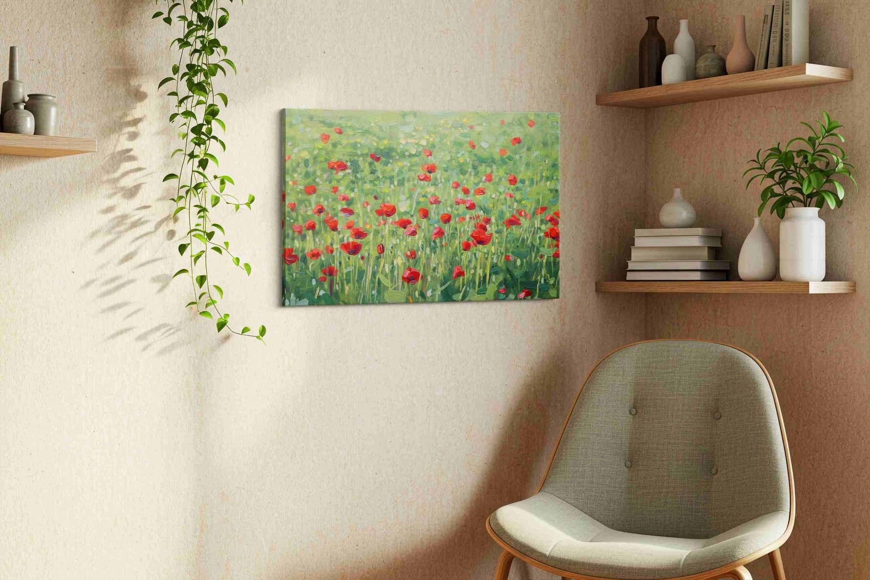Whispering Meadow of Scarlet Dreams poppies canvas print, hanging on wall — view 2