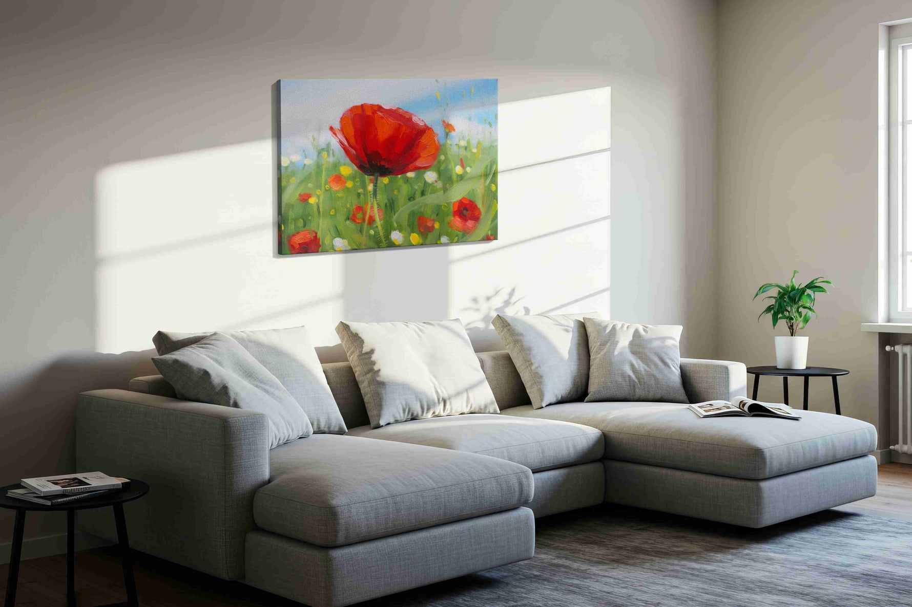 Whispering Scarlet Symphony poppies canvas print, displayed in a living room