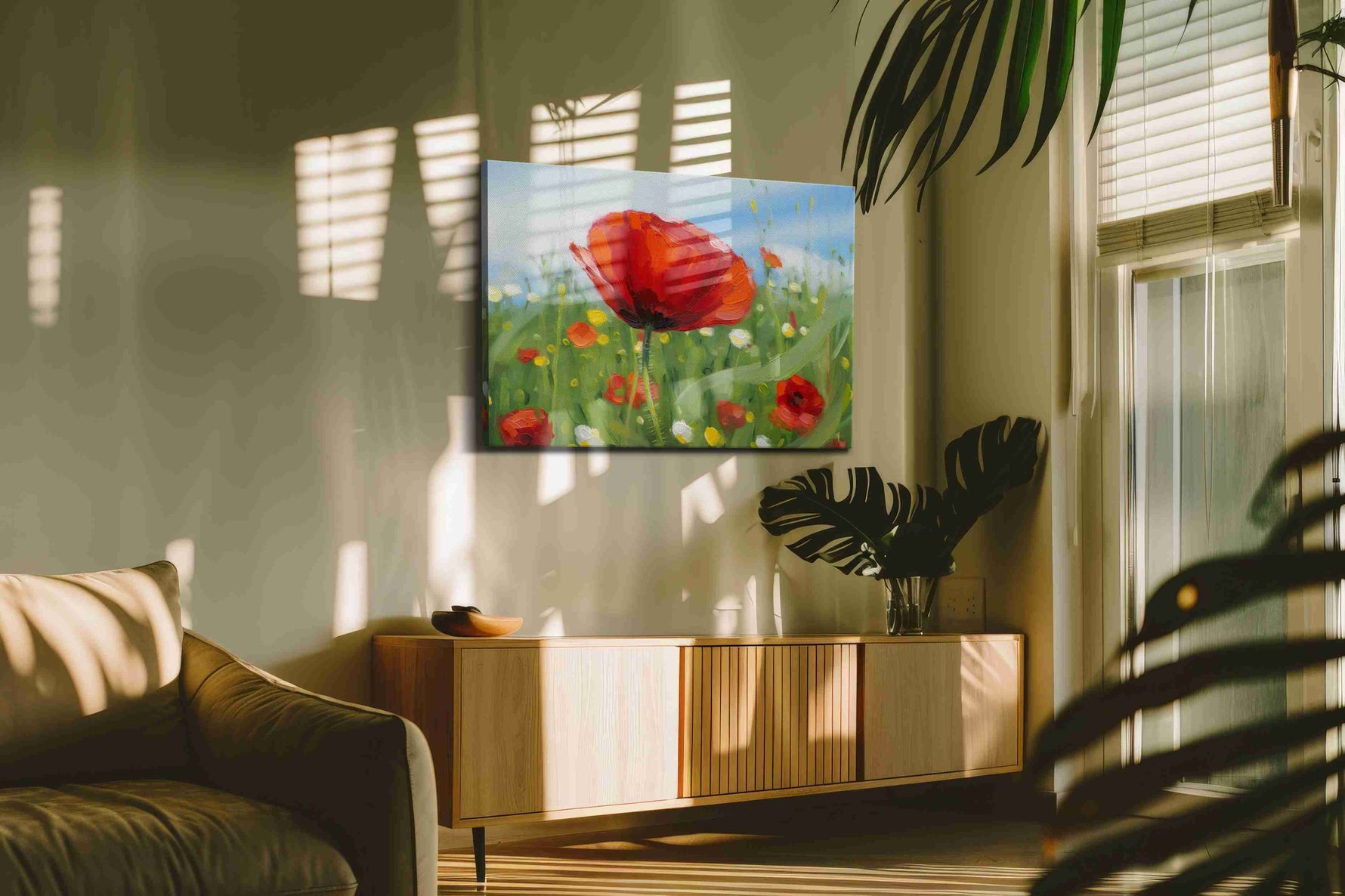 Whispering Scarlet Symphony poppies canvas print in a hung canvas mockup