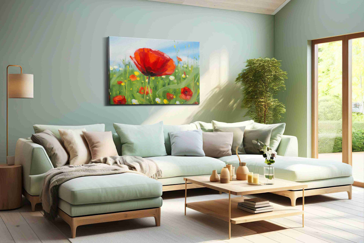 Whispering Scarlet Symphony poppies canvas print shown in a wall scene