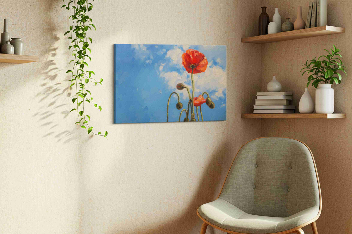 Whispers of Crimson Sky poppies canvas print styled in a living room