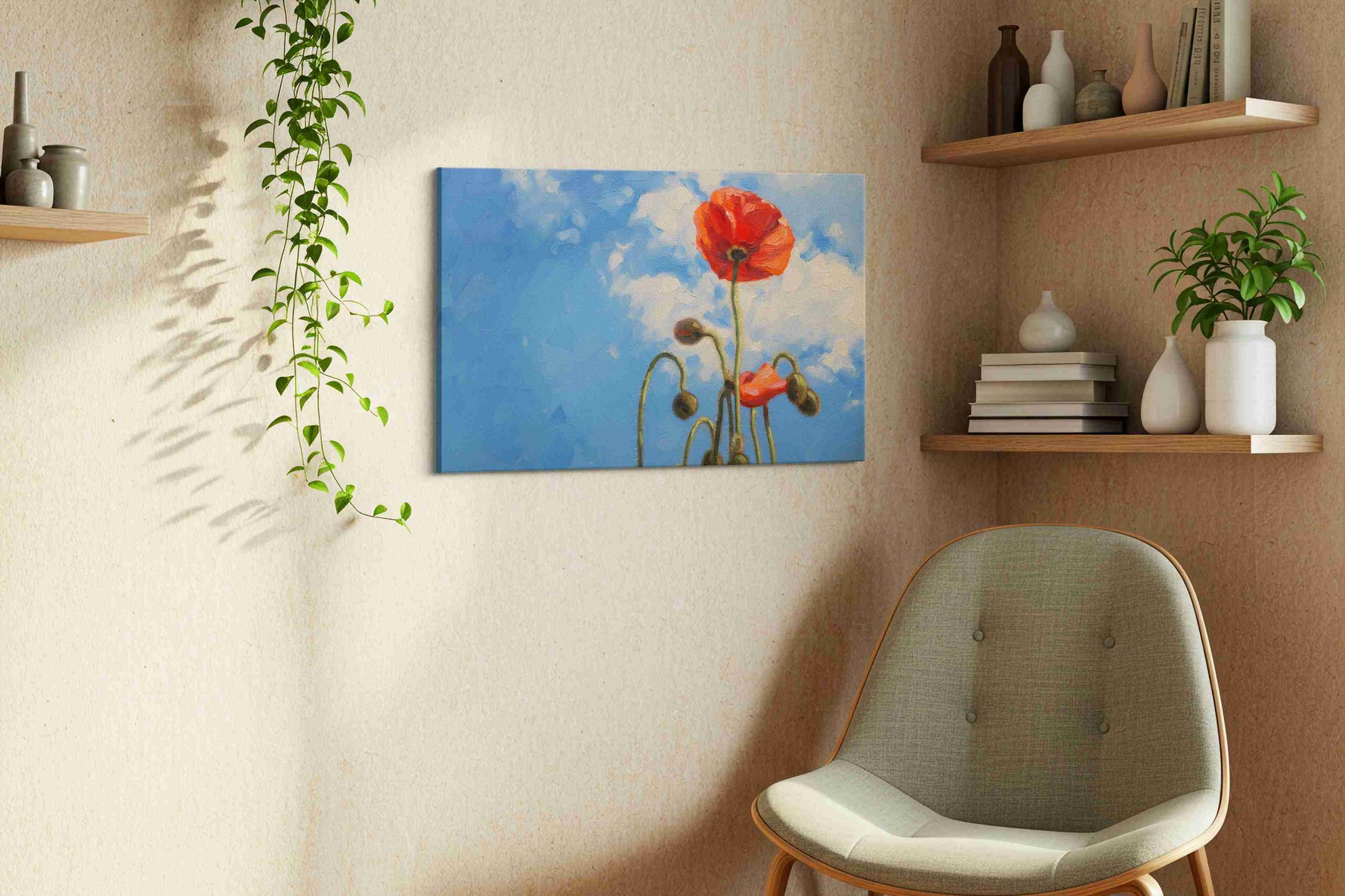 Whispers of Crimson Sky poppies canvas print styled in a living room